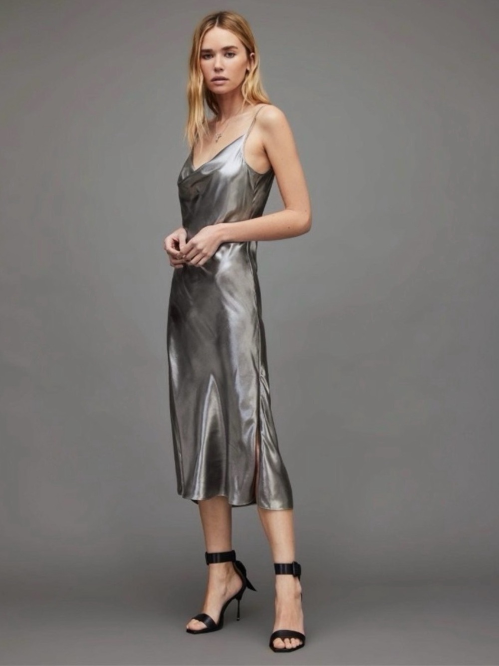NWT AllSaints Hadley Metallic Slip Midi Dress - Silver Gray